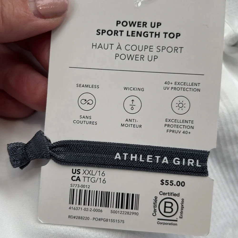 NWT Athleta Girl Power Up Sport Length White Top Size XXL/16